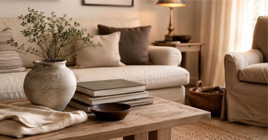 Budget friendly small living room with warm white walls, cream sofa, taupe pillows, pale oak table, beige rug, and soft neutral decor.
