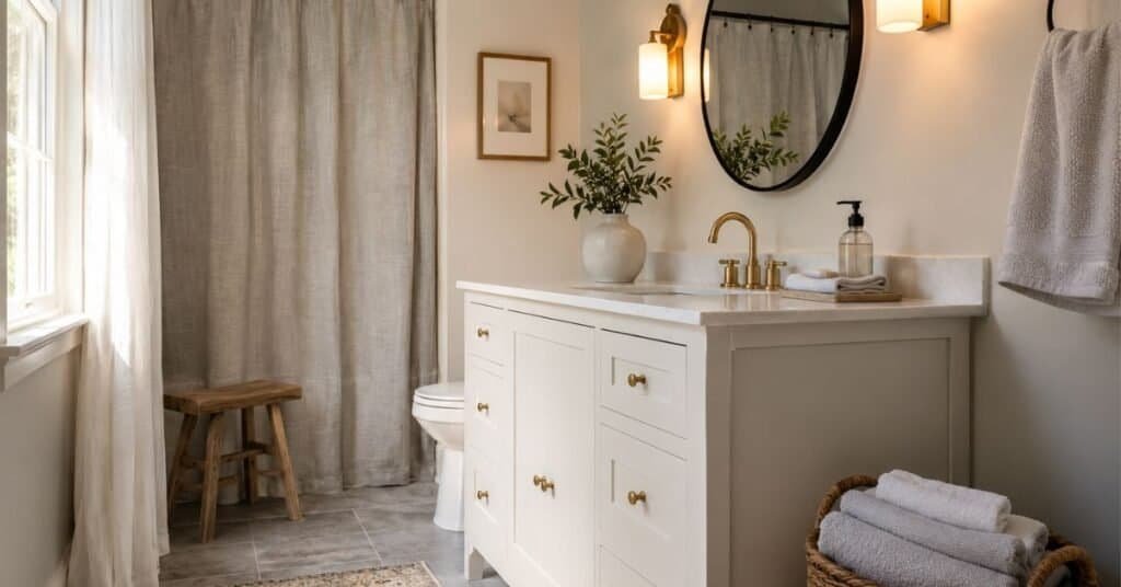 Budget gray and white bathroom refresh with painted vanity, round black mirror, brass hardware, folded towels, woven basket, and soft lighting.