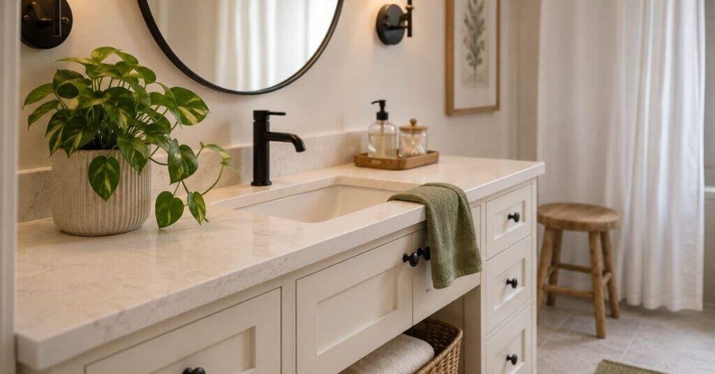 Budget greenery bathroom decor with one leafy plant, cream planter, pale wood tray, woven basket, folded towels, black framed mirror, and warm lighting.