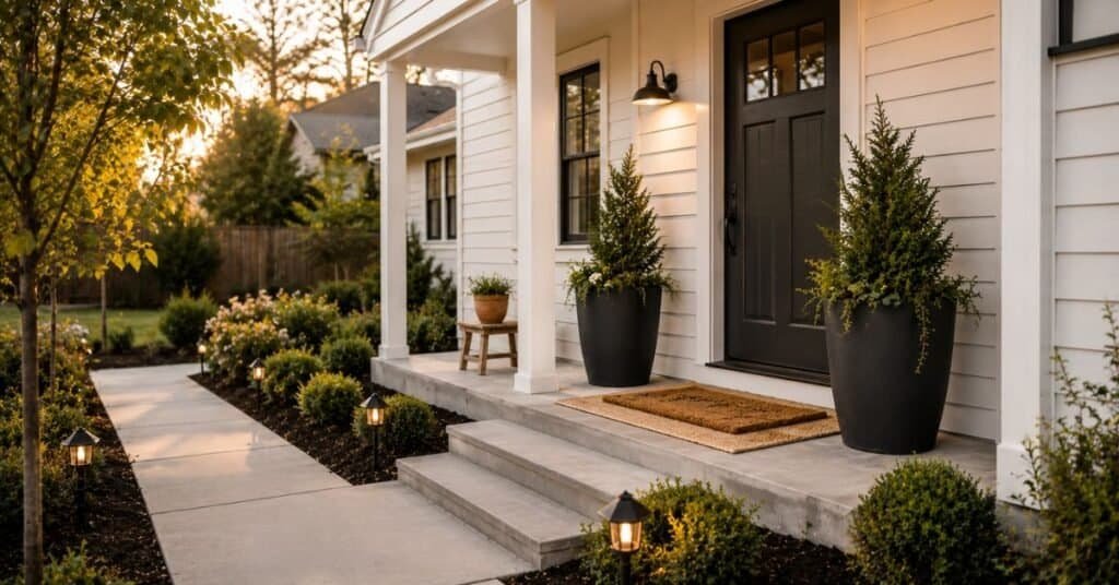 Budget outdoor decor for front of house with painted front door, fresh mulch, oversized planters, and warm path lighting.