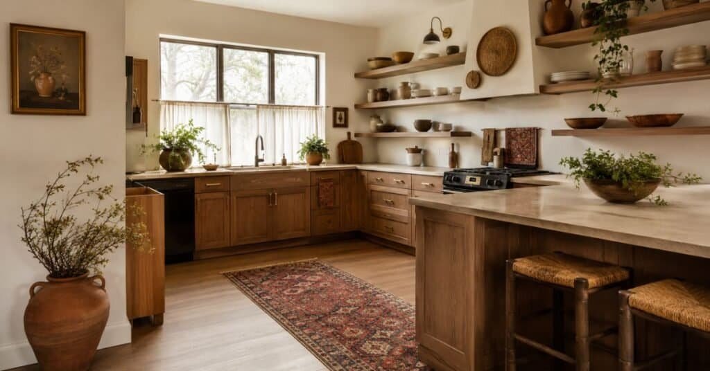 Calm bohemian kitchen with open shelf space, one vintage runner, warm wood, plants, and balanced natural texture