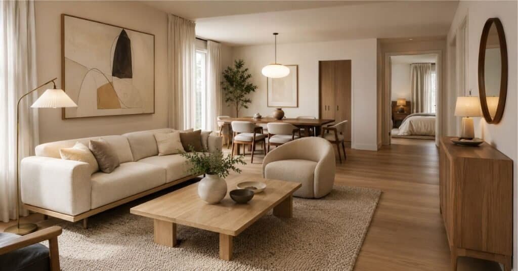 Chic modern home decor connecting a living room, dining area, entryway, and bedroom through warm neutrals, wood, texture, and soft lighting.