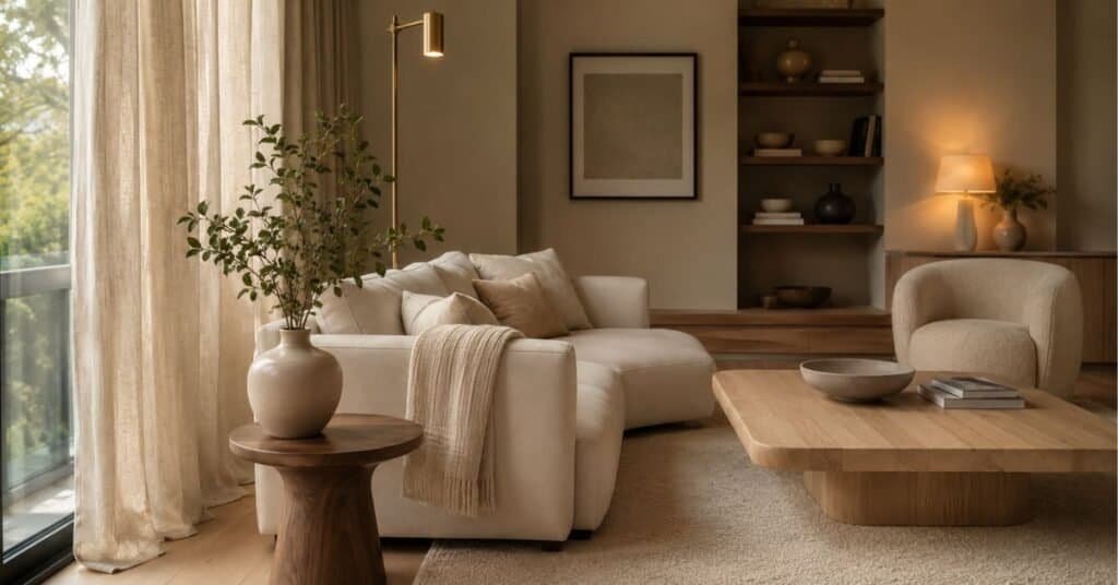 Chic modern home decor in a neutral living room with layered cream tones, pale wood, boucle, linen, and dark accents.