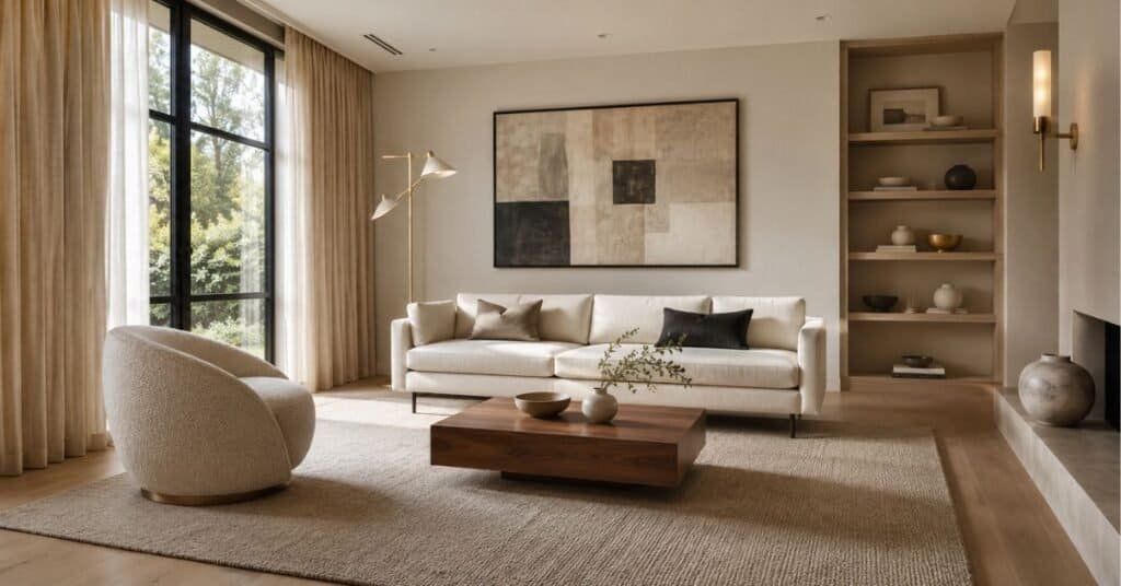 Chic modern home decor in a neutral living room with layered textures, warm wood, curved furniture, and sculptural lighting.