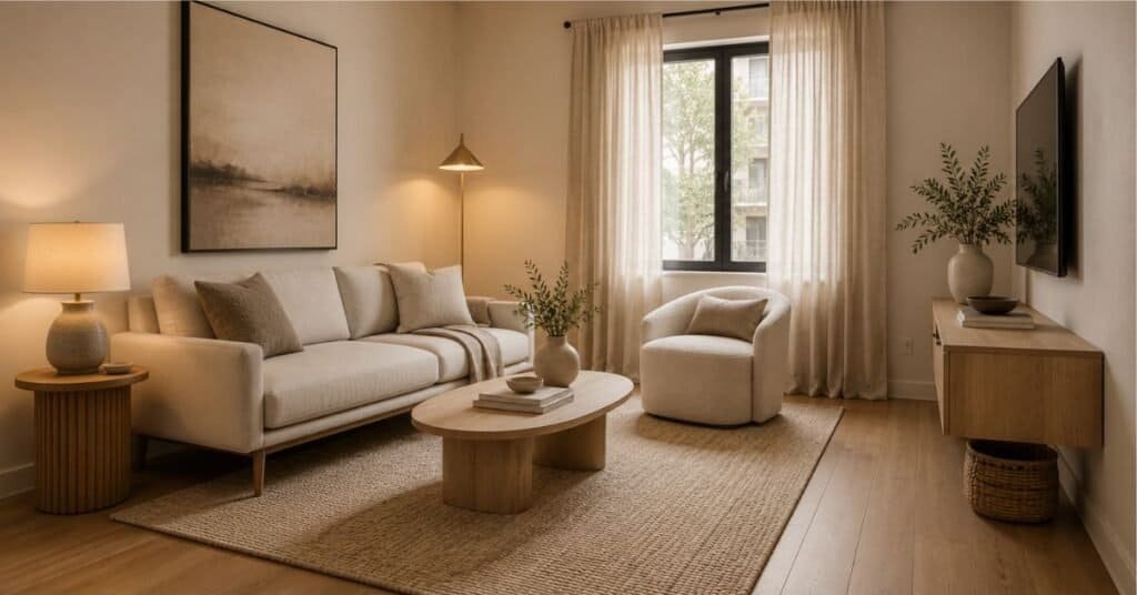 Chic modern home decor in a small living room with raised furniture, oversized wall art, pale wood, and open floor space.