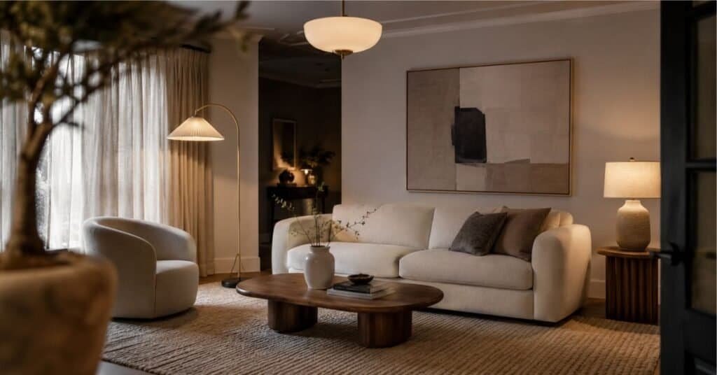 Chic modern home decor with layered floor, table, and ceiling lighting in a warm neutral living room.