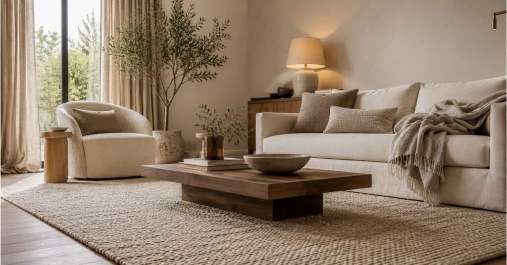 Chic modern home decor with layered linen, boucle, wool, wood, ceramic, and brass textures in a warm neutral living room.