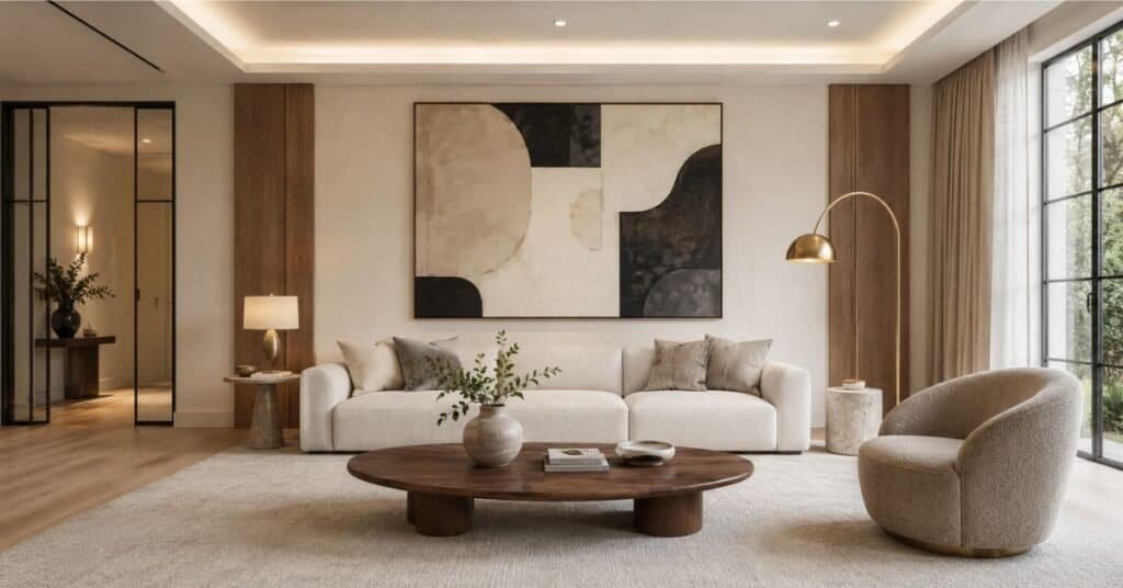 Chic modern home decor with oversized wall art, a curved chair, sculptural lighting, and warm material contrast.