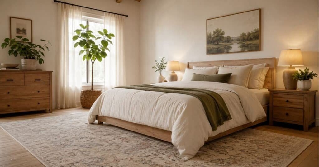 Clean bedroom plant styling with matching planters, open surfaces, cream bedding, soft curtains, and balanced greenery.