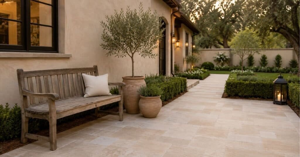 Clean garden and outdoor decor with grouped terracotta planters, a wooden bench, an olive tree, and an open stone pathway.