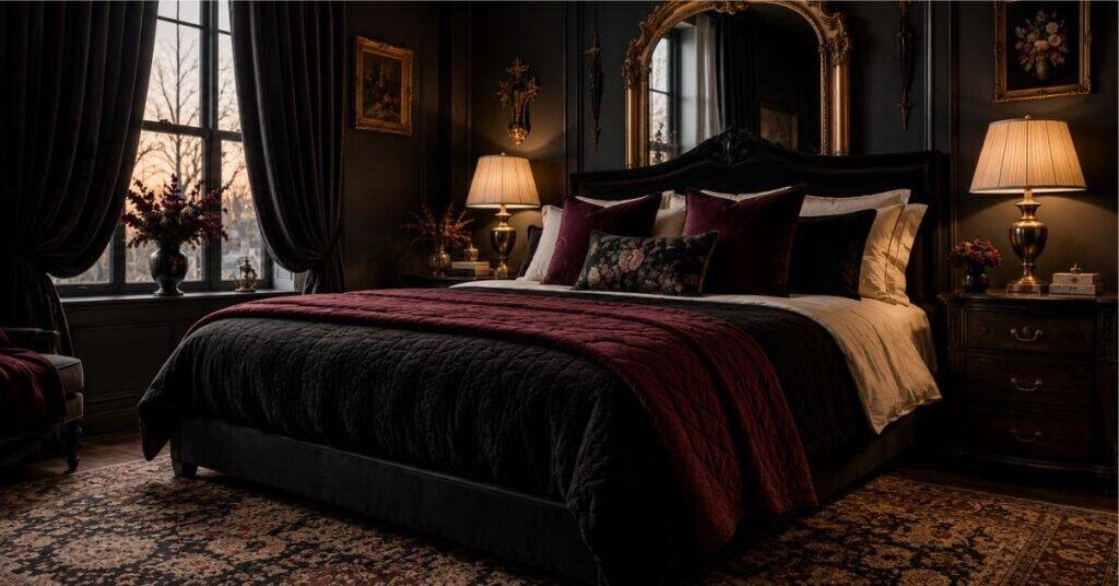 Cozy gothic bedroom with dark velvet bedding, cream pillows, burgundy quilt, plum accents, warm brass lamps, and charcoal walls.