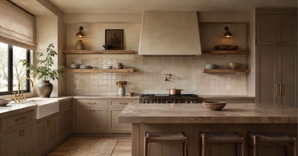 Earth tone kitchen with taupe cabinets, cream zellige backsplash, brass hardware, stone counters, and warm wood accents