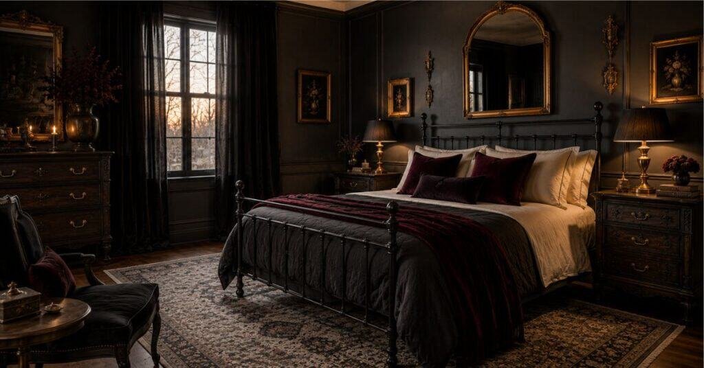 Elegant gothic bedroom with black iron bed, dark wood nightstands, cream bedding, burgundy velvet throw, antique mirror, and warm brass lamps.