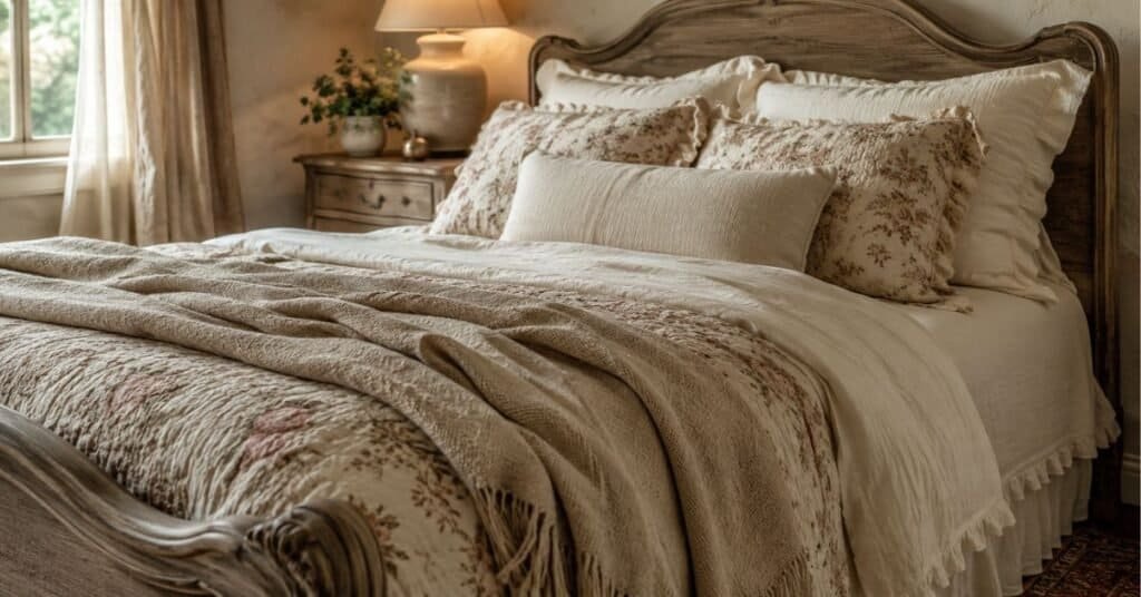 French country bedding with cream duvet, faded floral quilt, ruffled pillowcases, oatmeal throw, weathered wood bed, and warm lamp.