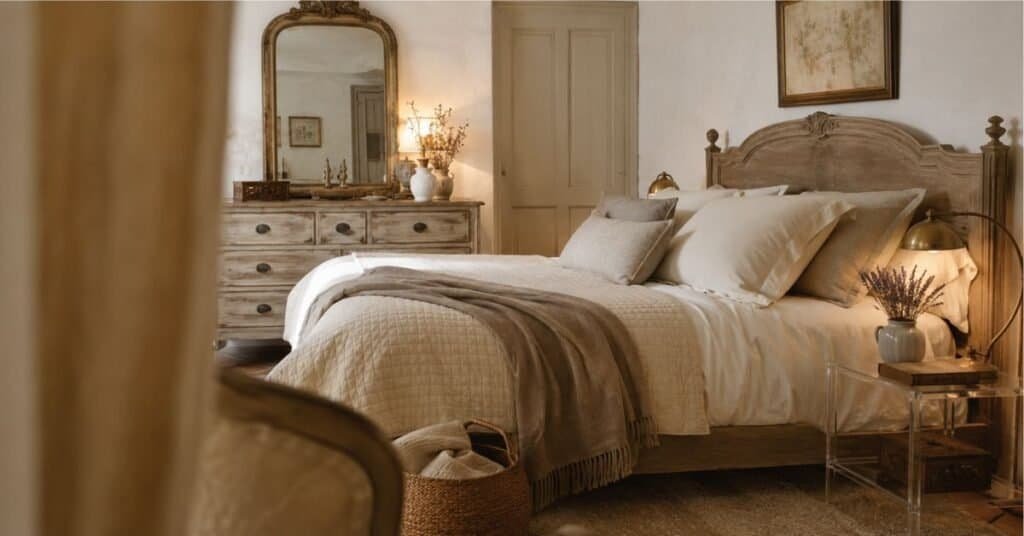 French country bedroom with antique mirror, distressed dresser, aged brass lamp, cream linen bedding, old book, and soft warm lighting.