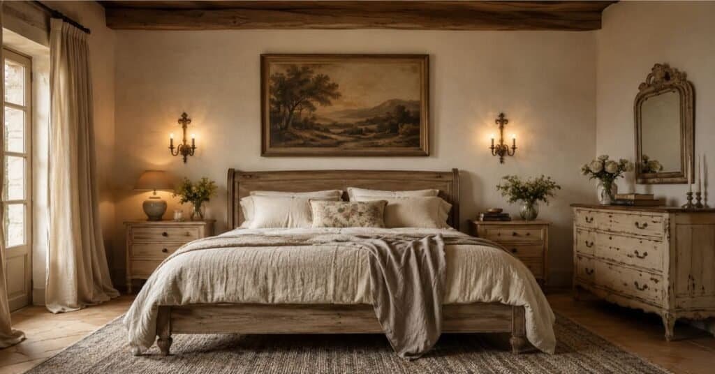 French country bedroom with vintage framed landscape art, antique mirror, aged brass sconces, cream bedding, and warm plaster walls.