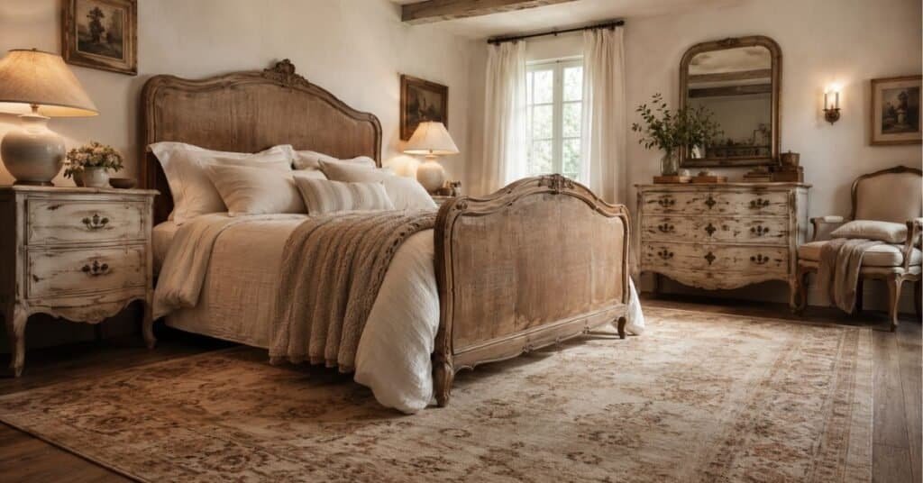 French country bedroom with weathered oak bed, distressed nightstands, antique dresser, linen bedding, and aged brass details.