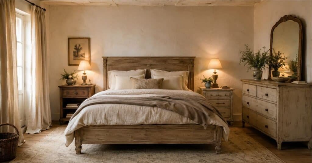 French country bedroom with weathered wood bed, soft linen bedding, aged brass lamps, antique mirror, and uncluttered vintage decor.