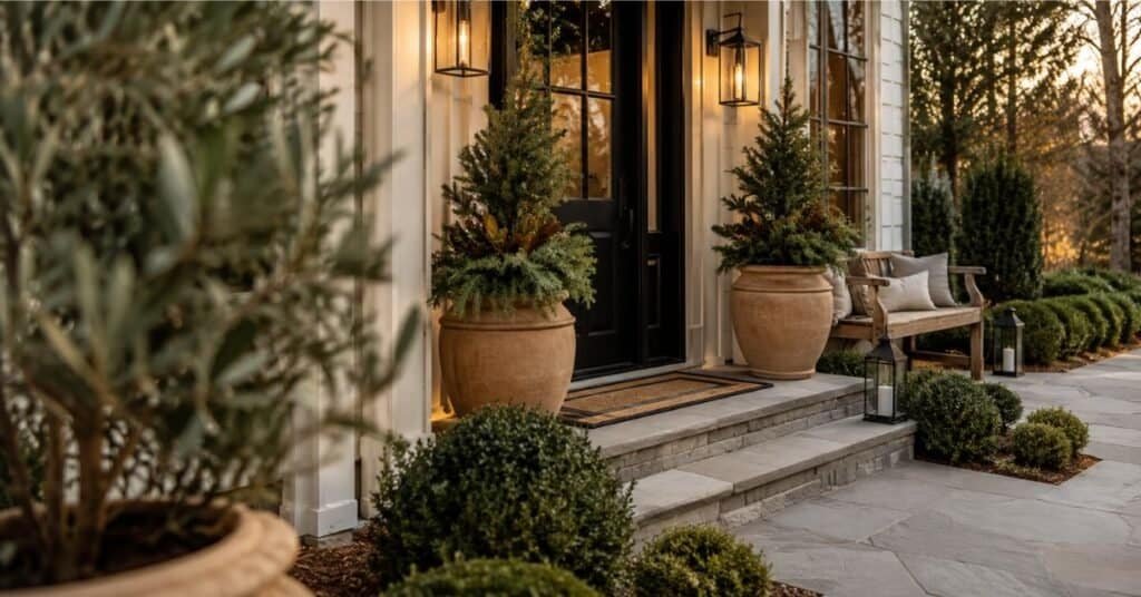 Front of house decor with balanced planters, clear steps, warm porch lights, layered doormat, and clean curb appeal styling.