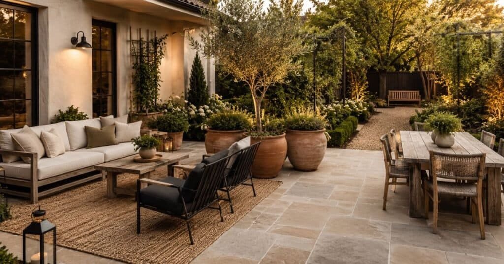Garden and outdoor decor arranged into separate seating, dining, and planting zones with clear stone pathways.