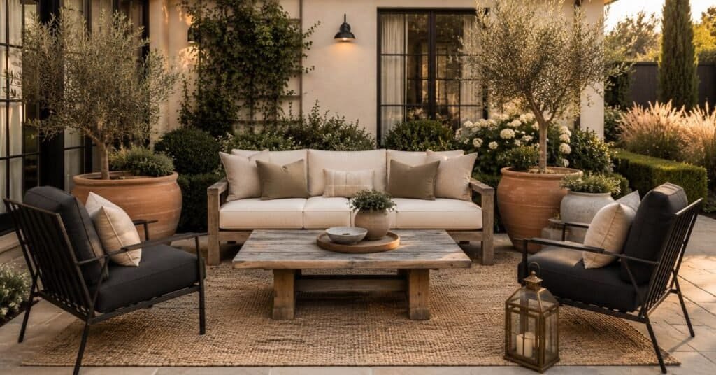 Garden and outdoor decor using repeated wood, terracotta, stone, woven fiber, and matte black metal around a patio seating area.