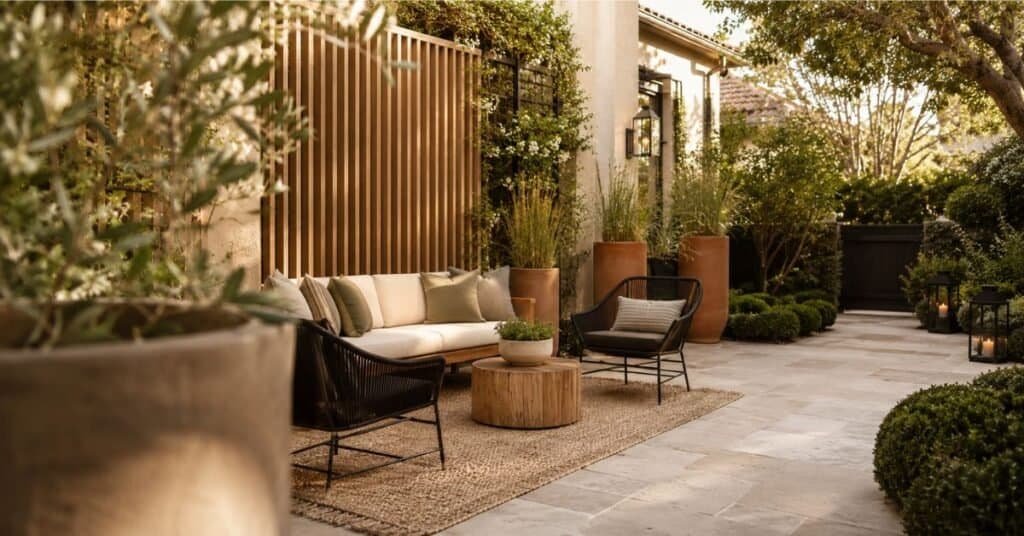 Garden and outdoor decor with a wood privacy screen, climbing vines, tall planters, and a sheltered patio seating area.