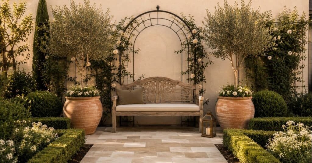 Garden and outdoor decor with a wooden bench, arched trellis, climbing vines, and large terracotta planters forming a focal point.