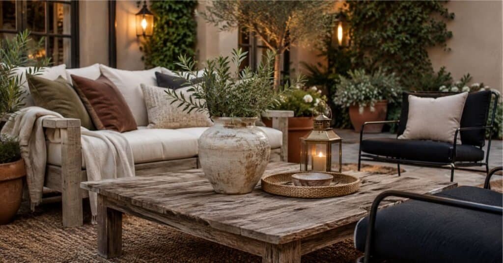 Garden and outdoor decor with a woven rug, cream cushions, a folded throw, terracotta pots, and natural wood furniture.