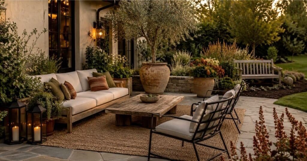 Garden and outdoor decor with neutral furniture, terracotta planters, ornamental grasses, and muted late summer accents.