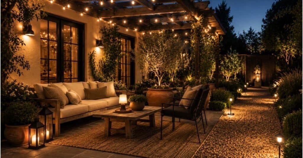 Garden and outdoor decor with warm string lights, lanterns, pathway lights, and a softly lit patio seating area.