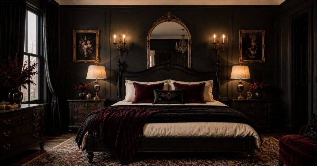 Gothic bedroom with arched antique mirror, ornate frames, charcoal walls, warm sconces, velvet bedding, and black curtains.