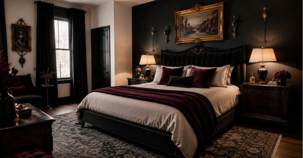 Gothic bedroom with charcoal accent wall, cream bedding, plum pillows, burgundy throw, dark wood nightstands, and warm brass lamps.