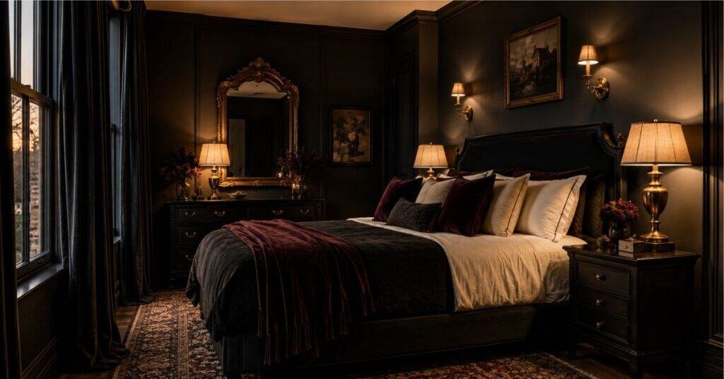 Gothic bedroom with charcoal walls, warm bedside lamps, aged brass sconces, velvet bedding, black curtains, and soft evening lighting.