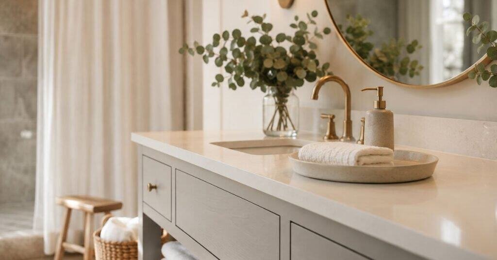 Gray and white bathroom accessories with folded towels, woven basket, ceramic tray, brass faucet, linen curtain, wood stool, and greenery.