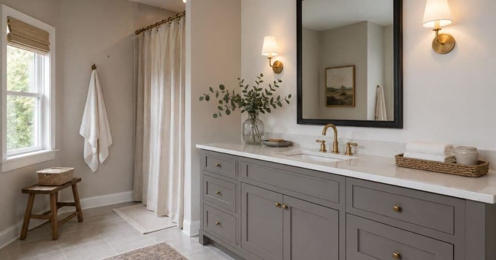 Gray and white bathroom color scheme with warm gray vanity, white countertop, brass faucet, charcoal mirror, pale stone tile, and linen curtain.