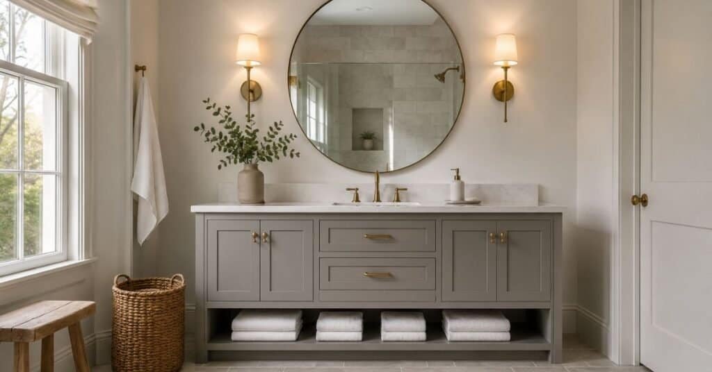Gray and white bathroom decor with a warm gray vanity, white countertop, round mirror, brass sconces, folded towels, and woven basket.