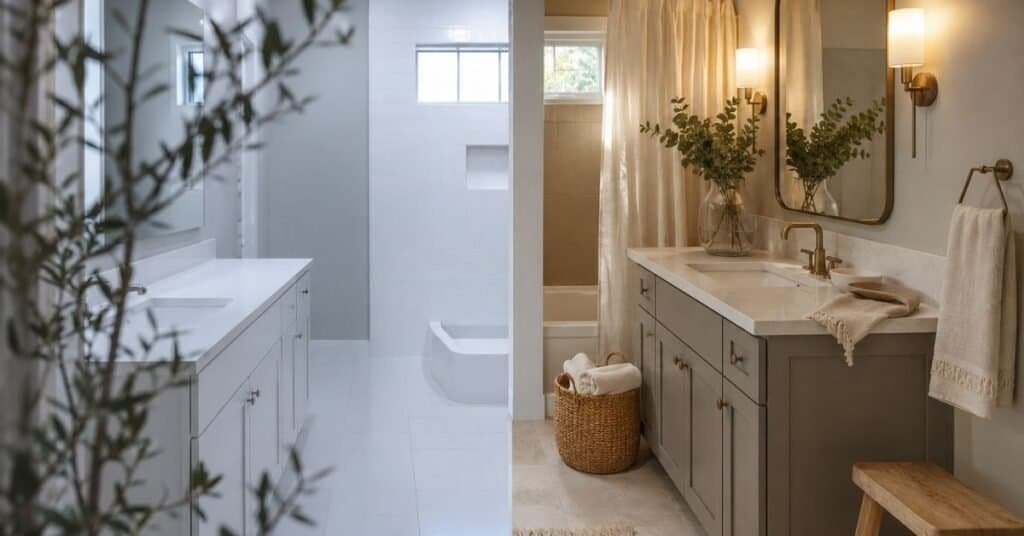 Gray and white bathroom showing warm styling with soft lighting, cream towels, woven basket, wood stool, gray vanity, and white countertop.