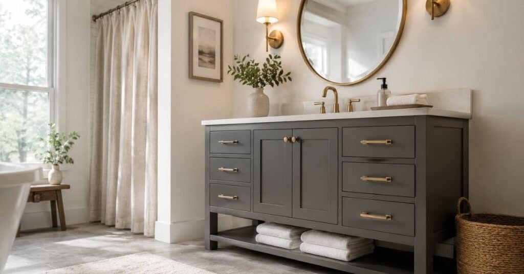 Gray and white bathroom vanity with charcoal cabinet, white countertop, brass hardware, round mirror, folded towels, and woven basket.