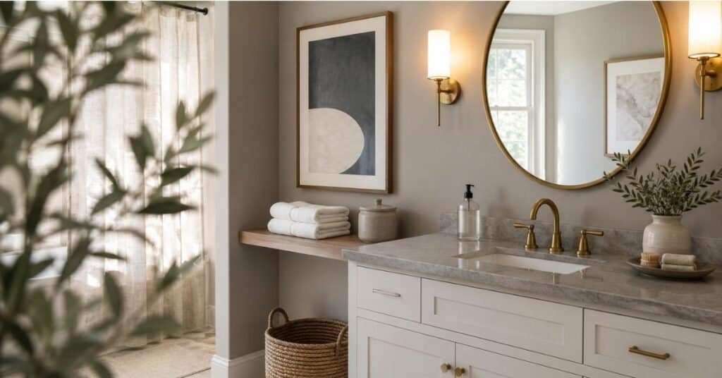 Gray and white bathroom wall decor with round brass mirror, framed art, floating shelf, folded towels, warm sconces, and woven basket.