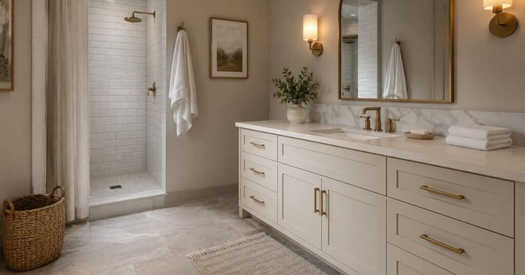 Gray and white bathroom with pale gray floor tile, white shower tile, gray grout, marble look backsplash, brass accents, and soft towels.