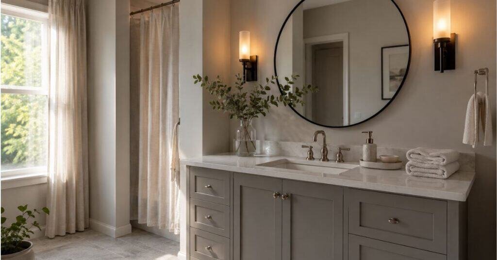 Gray and white bathroom with warm sconces, round mirror, soft gray vanity, pale stone floor tile, white towels, and natural window light.