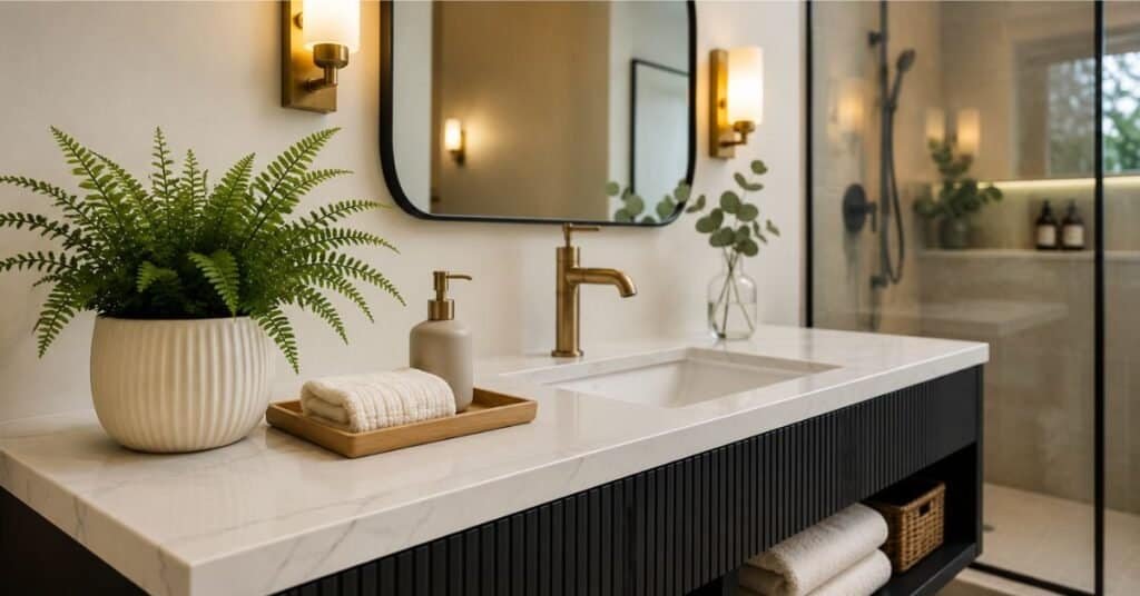 Greenery bathroom decor around a charcoal vanity with a white quartz counter, black framed mirror, brass sconces, cream towel, pale wood tray, and potted fern.