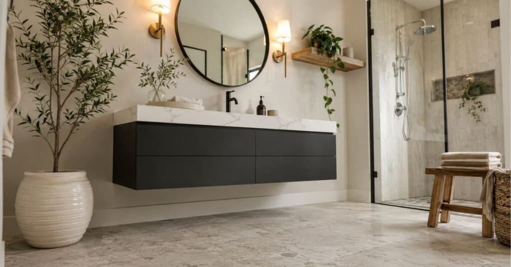Greenery bathroom decor with a charcoal vanity, matte black faucet, brass sconces, pale wood shelf, chrome shower fixture, cream towels, and natural plants.