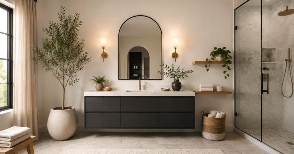 Greenery bathroom decor with a tall olive tree, charcoal vanity, white quartz counter, brass sconces, cream towels, pale wood stool, and glass shower.