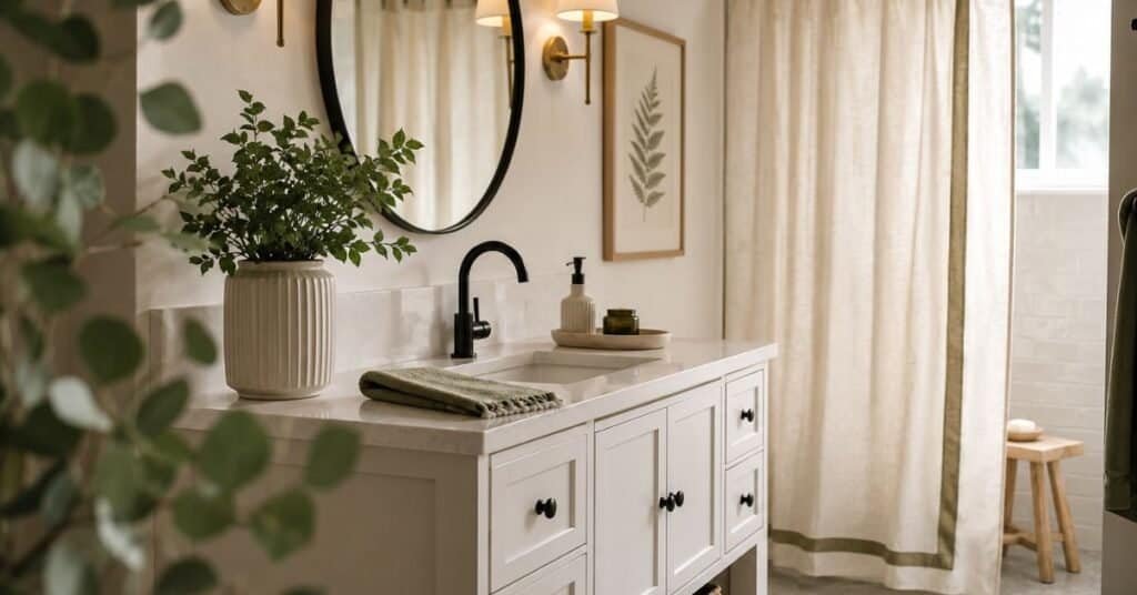 Greenery bathroom decor with sage towels, a leafy plant, botanical artwork, cream shower curtain, black framed mirror, brass sconces, and pale wood accents.