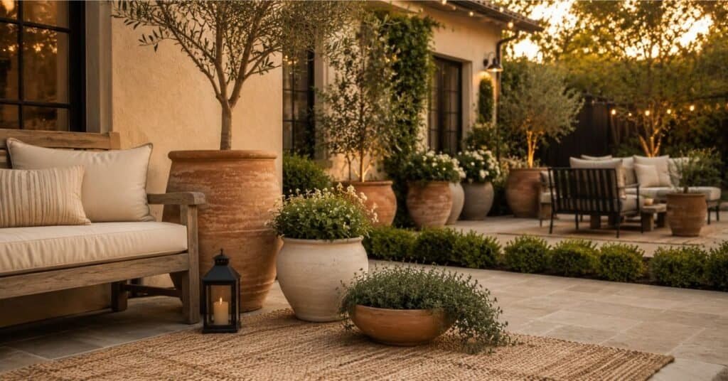 Large terracotta and ceramic planters grouped by height beside a garden bench and outdoor seating area.