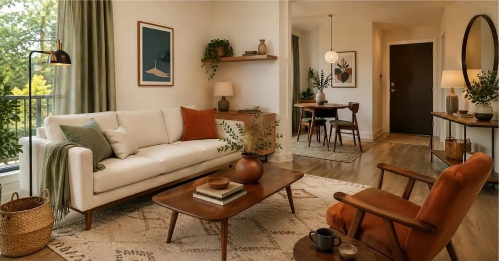 Mid century modern small apartment with ivory sofa, walnut furniture, rust chair, teal art, sage curtains, and open walking path.
