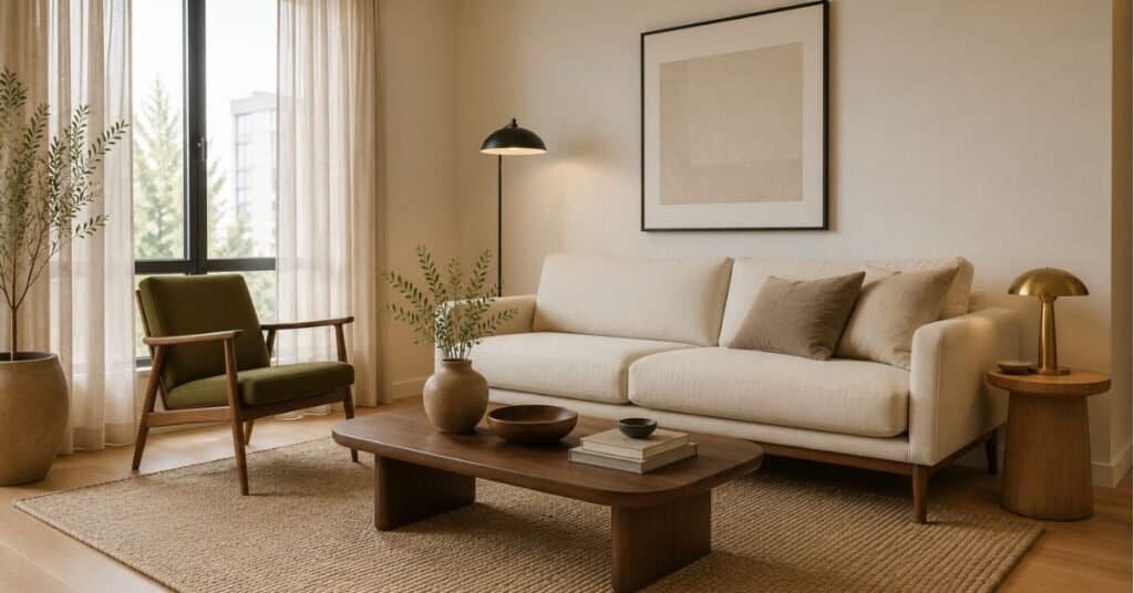 Mid century modern small living room with warm white walls, cream sofa, walnut coffee table, muted olive chair, and soft minimalist colors.