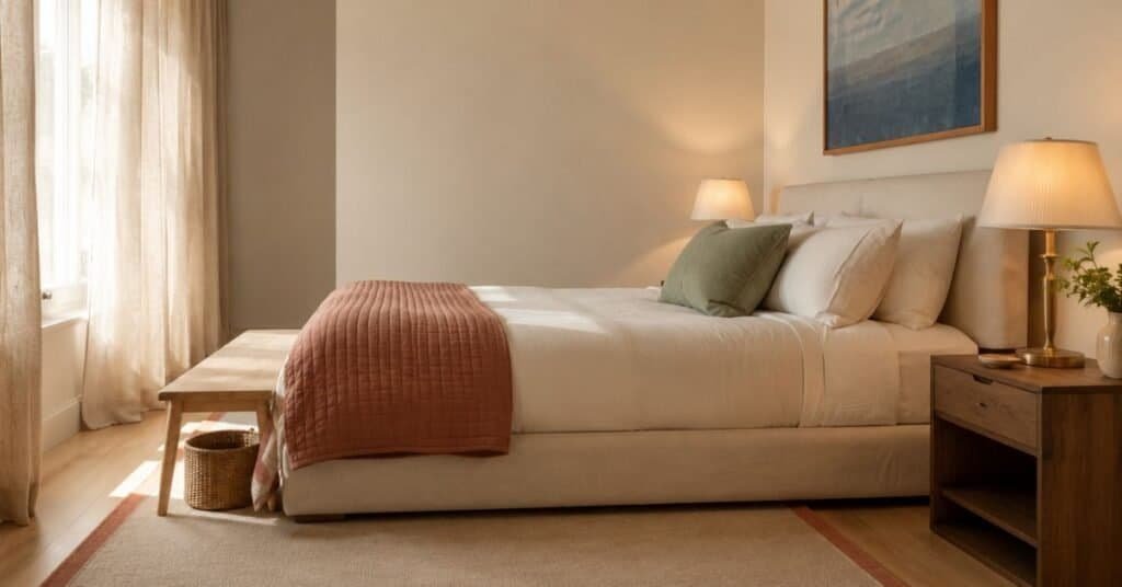 Minimalist apartment bedroom with ivory bedding, clay quilt, sage pillow, dusty blue wall art, walnut nightstands, and warm brass lamps.