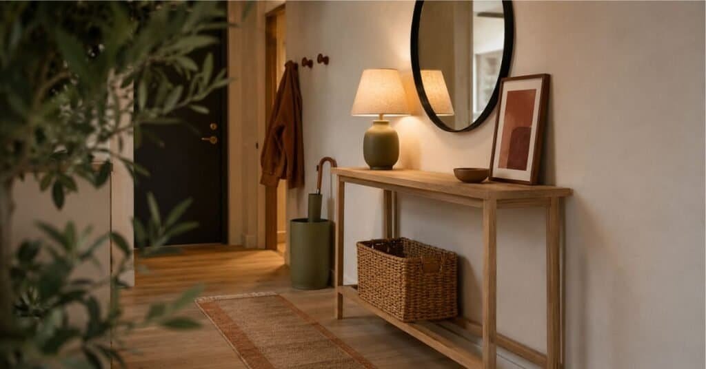 Minimalist apartment entryway with pale oak console, round mirror, clay bowl, woven basket, rust art, olive lamp, and clear walkway.